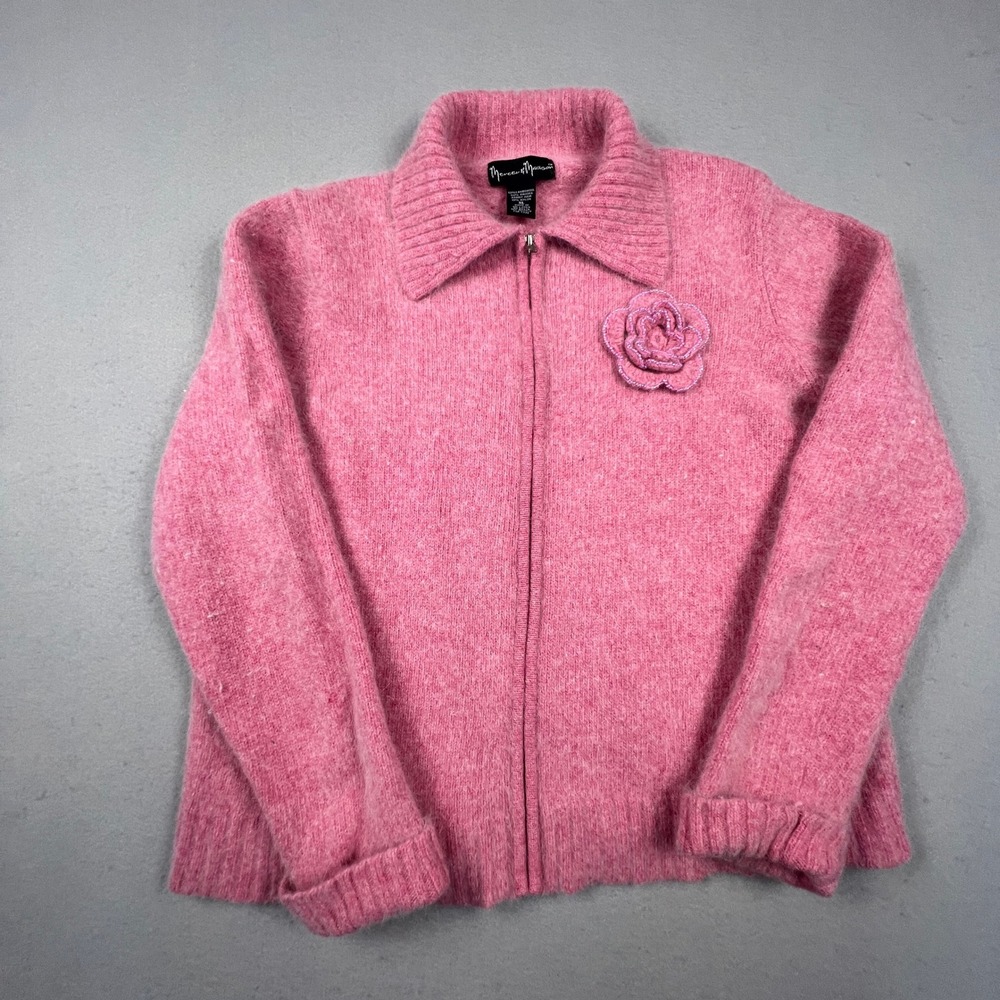 VTG Mercer & Madison Zip Sweater XL Pink Angora Wool Beaded Flower Coquette Y2K